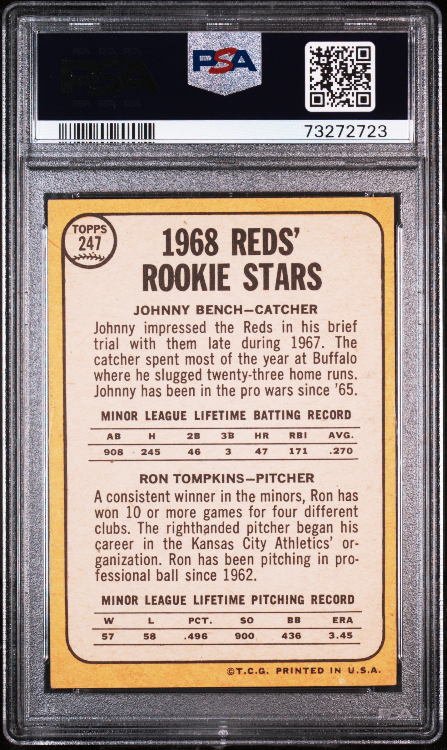 1968 Topps Reds Rookies #247 J. Bench R. Tompkins PSA 6