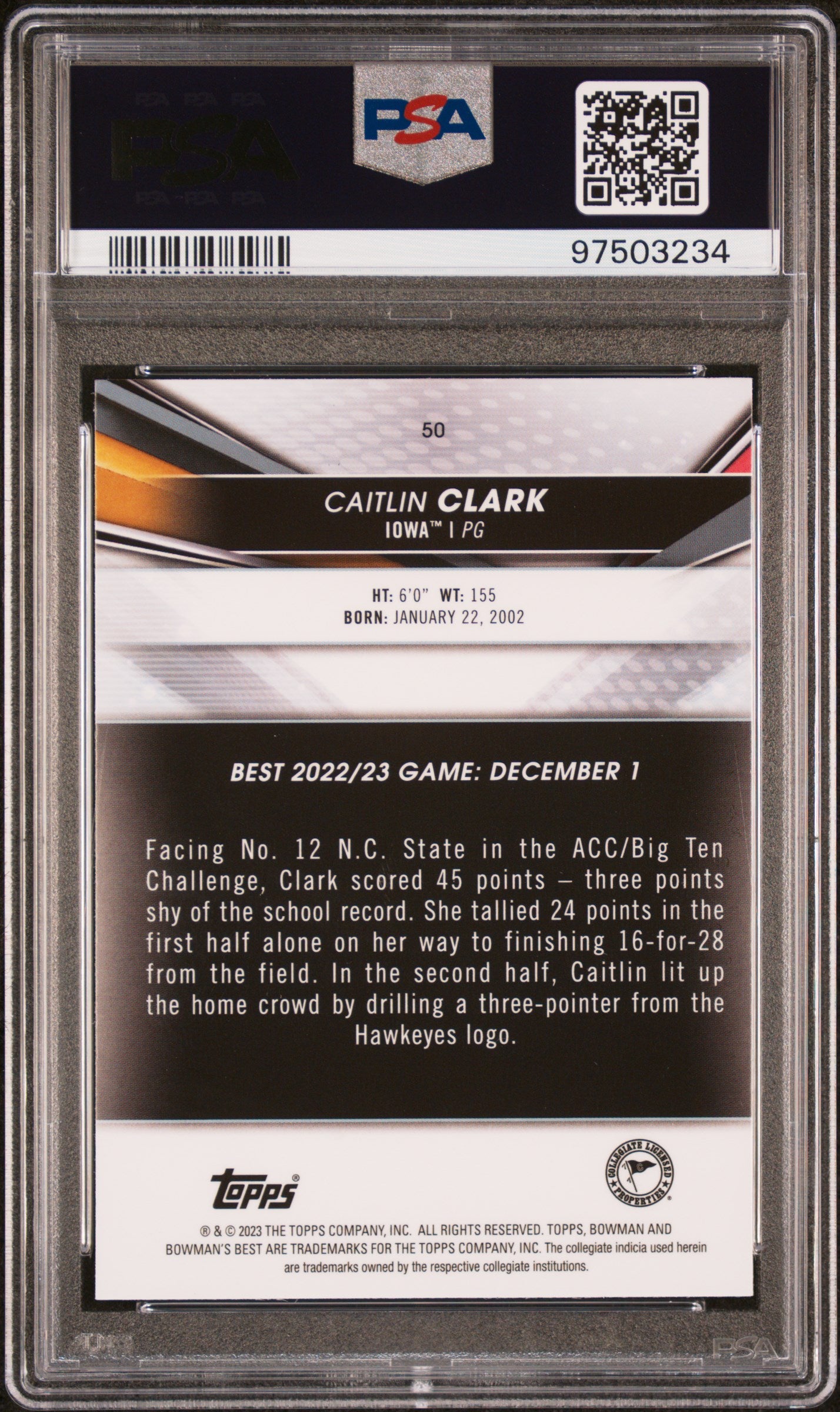 2022 Bowman University Best Caitlin Clark #50 PSA 10