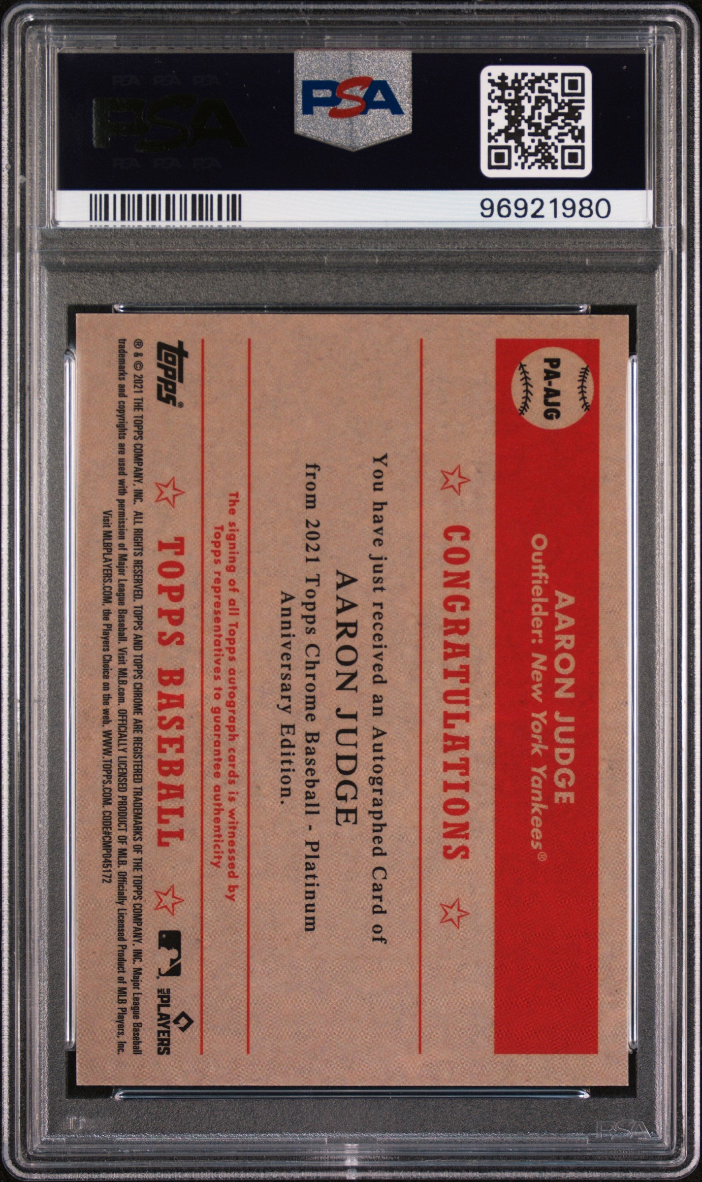 2021 Topps Chrome Platinum Anniversary Autographs Aaron Judge #AJG PSA 10