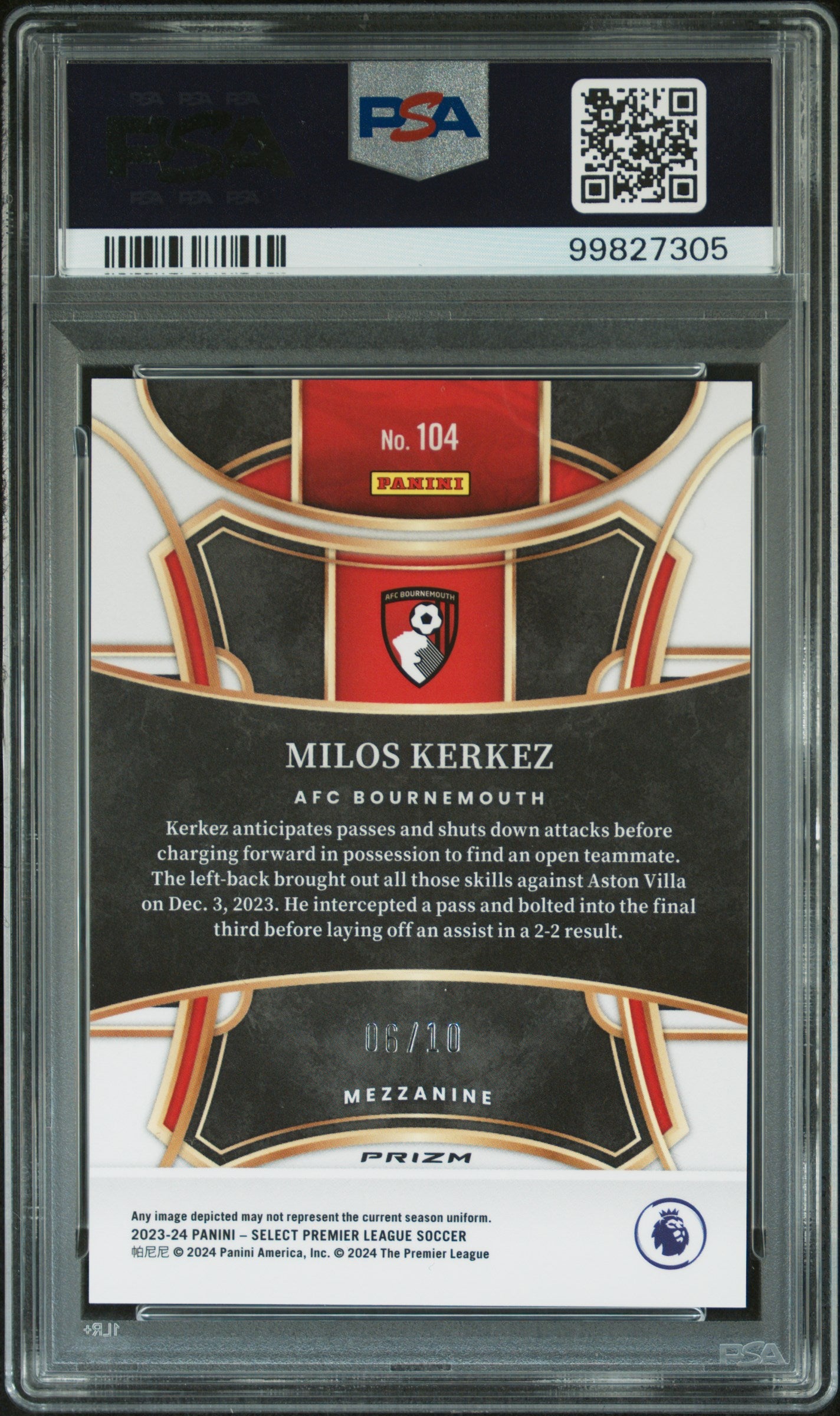 2023-24 Panini Select Premier League Milos Kerkez #104 Gold PSA 10