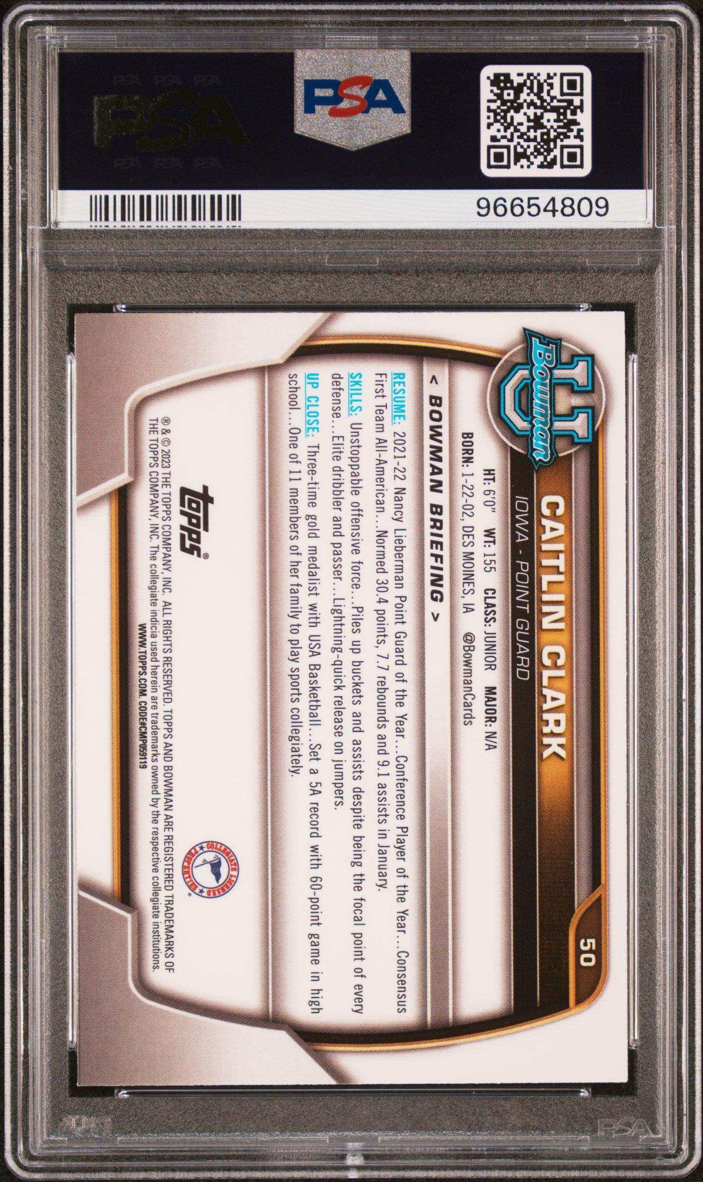 2022 Bowman Chrome University Caitlin Clark #50 PSA 10