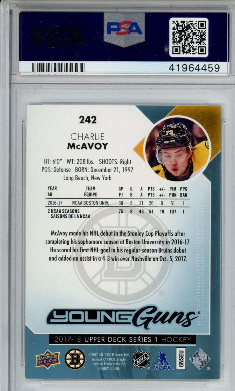 2017 Upper Deck Charlie Mcavoy #242 PSA 10