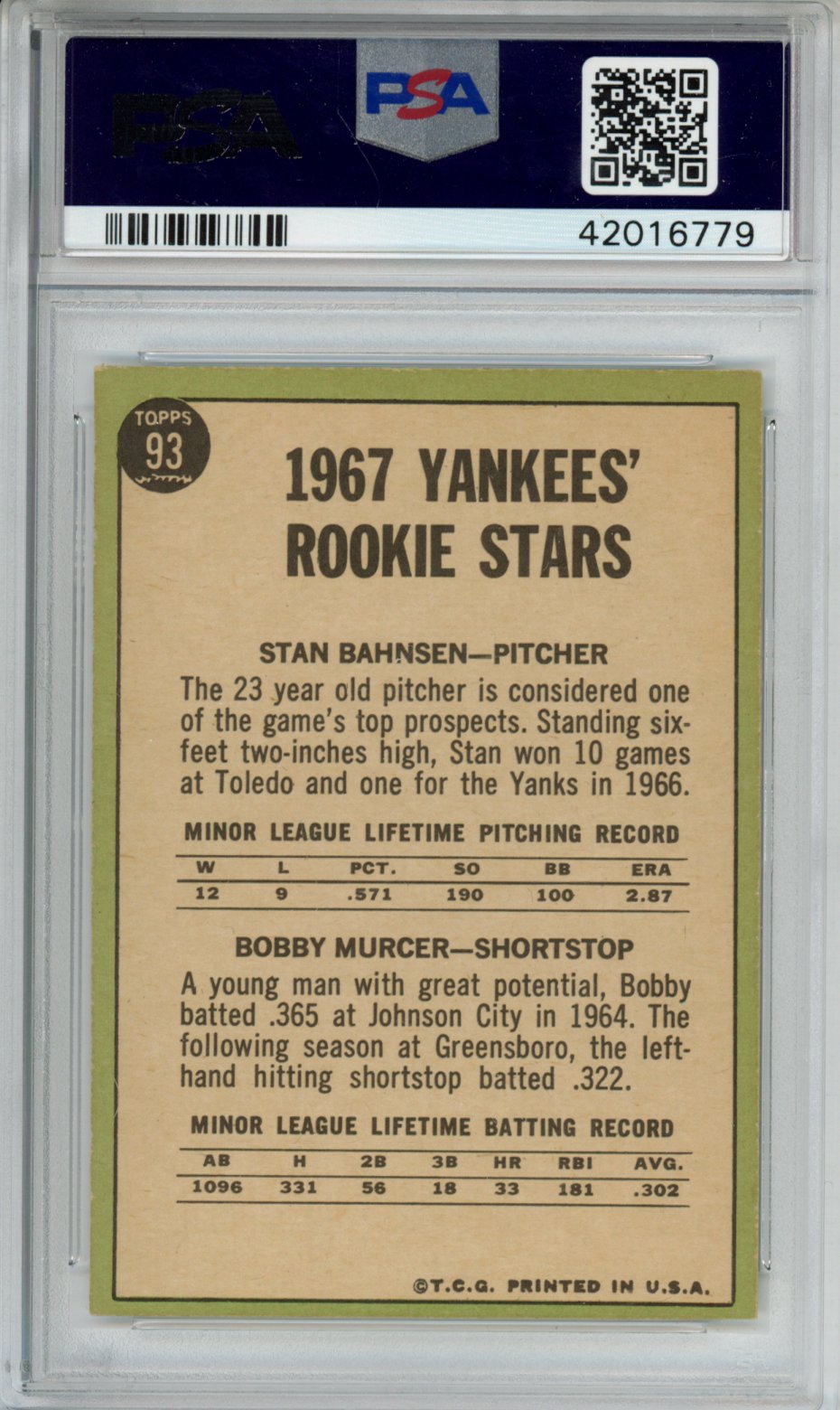 1967 Topps Yankees Rookies #93 S. Bahnsen B. Murcer PSA 7