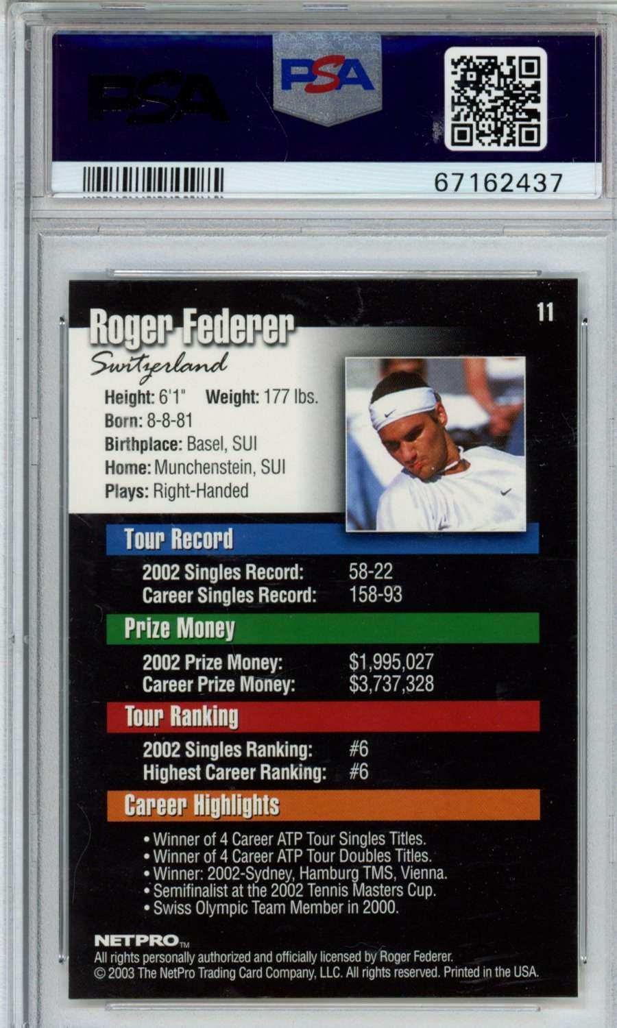 2003 Netpro Roger Federer #11 PSA 10