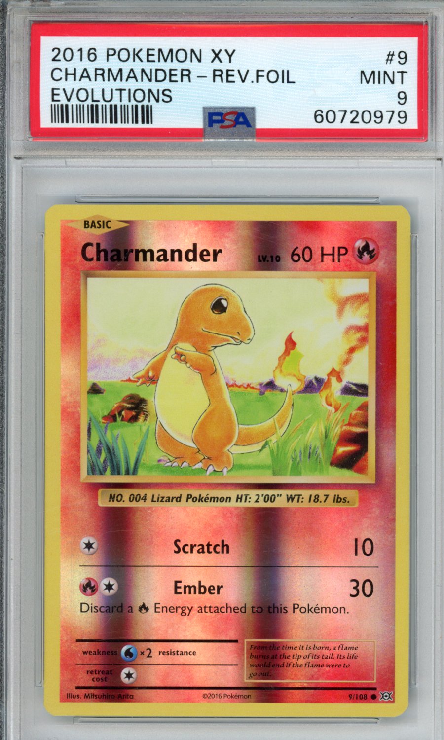 PokéMon TCG Charmander-Rev. Foil #9 Evolutions PSA 9