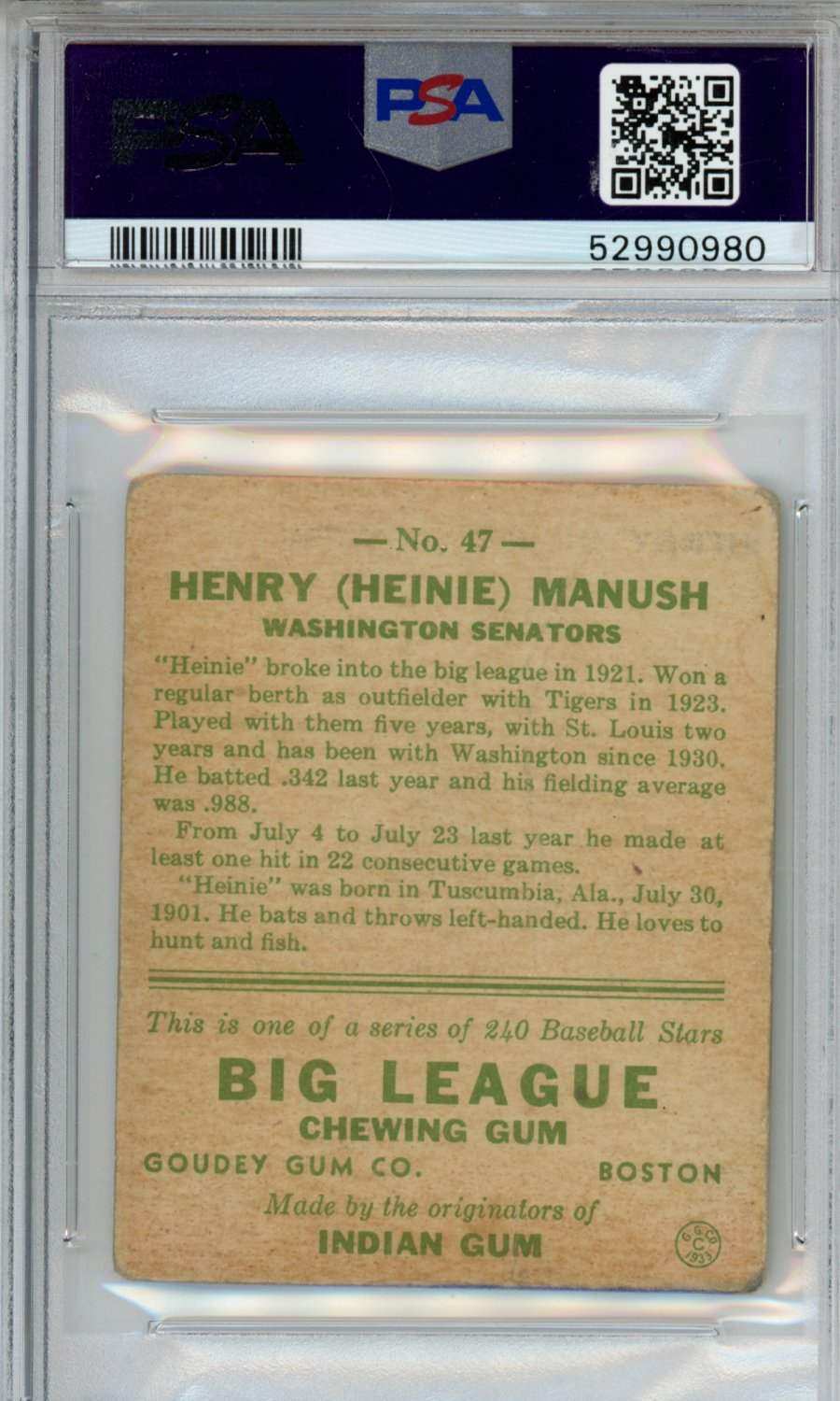 1933 Goudey Heinie Manush #47 PSA 1