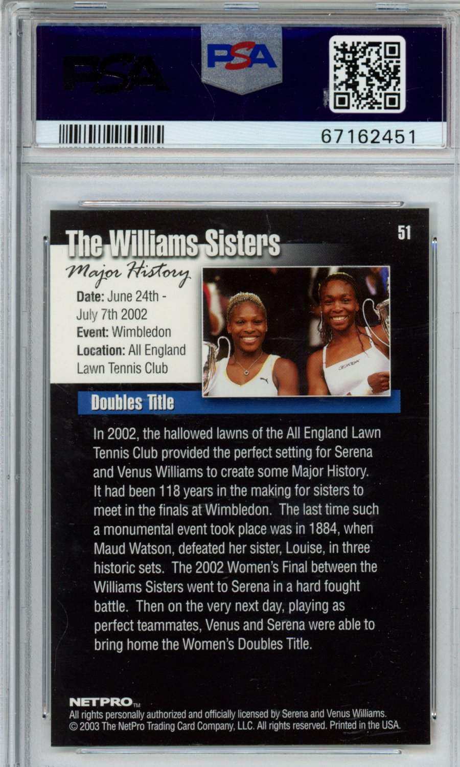 2003 Netpro Williams Sisters #51 PSA 9