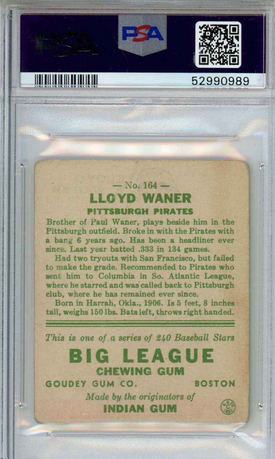 1933 Goudey Lloyd Waner #164 PSA 1