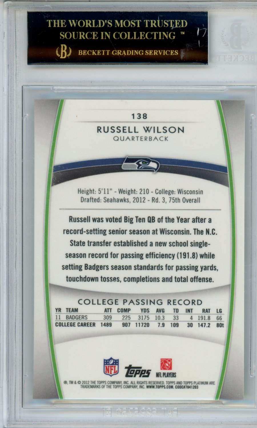 2012 Topps Platinum Purple Refractors Russell Wilson #138 BGS 10 Auto 10