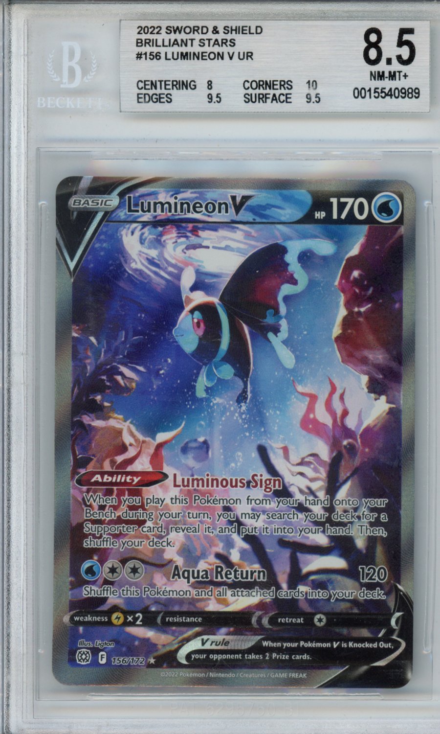 2022 Pokemon Sword and Shield Brilliant Stars Lumineon V UR #156 BGS 8.5