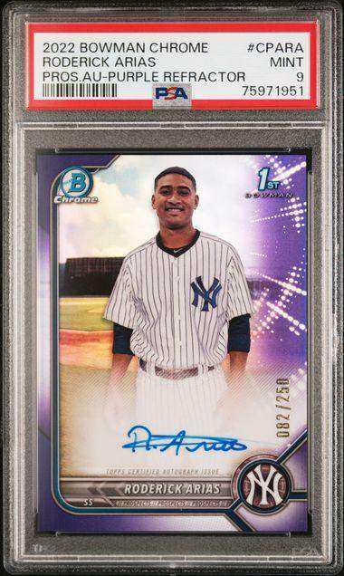 2022 BOWMAN CHROME PROSPECT AUTOGRAPHS RODERICK ARIAS PROS.AU-PURPLE REFRACTOR #CPARA PSA MINT 9