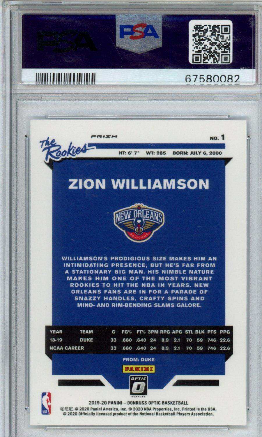 2019 Panini Donruss Optic The Rookies Zion Williamson #1 The Rookies F B Holo PSA 10