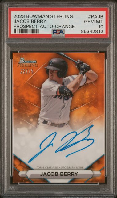 2023 BOWMAN STERLING PROSPECT AUTOGRAPHS JACOB BERRY PROSPECT AUTO-ORANGE REF #PAJB PSA GEM MT 10