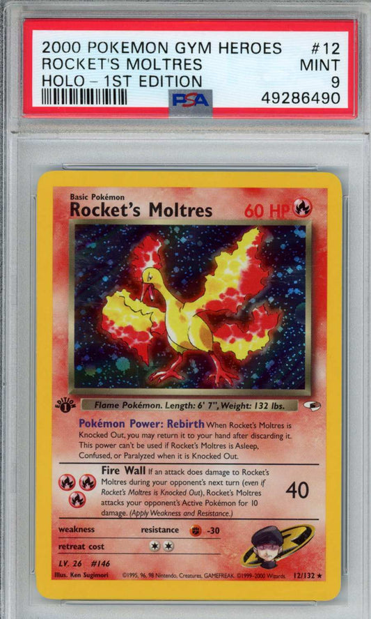 Gym Heroes TCG Rocket's Moltres #12 Holo-1ST Edition PSA 9