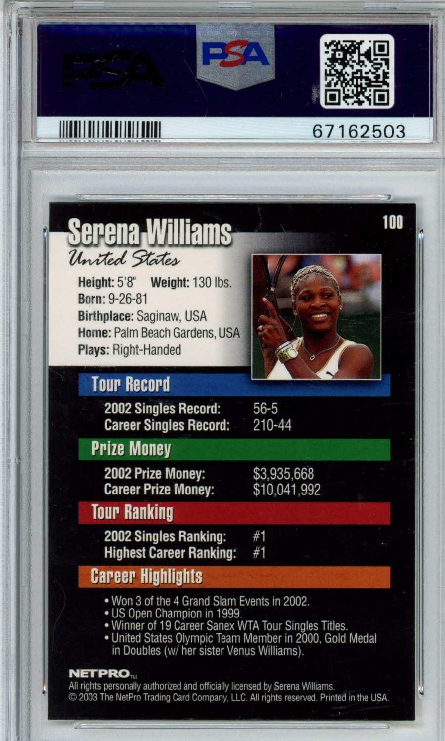 2003 Netpro Serena Williams #100 PSA 9