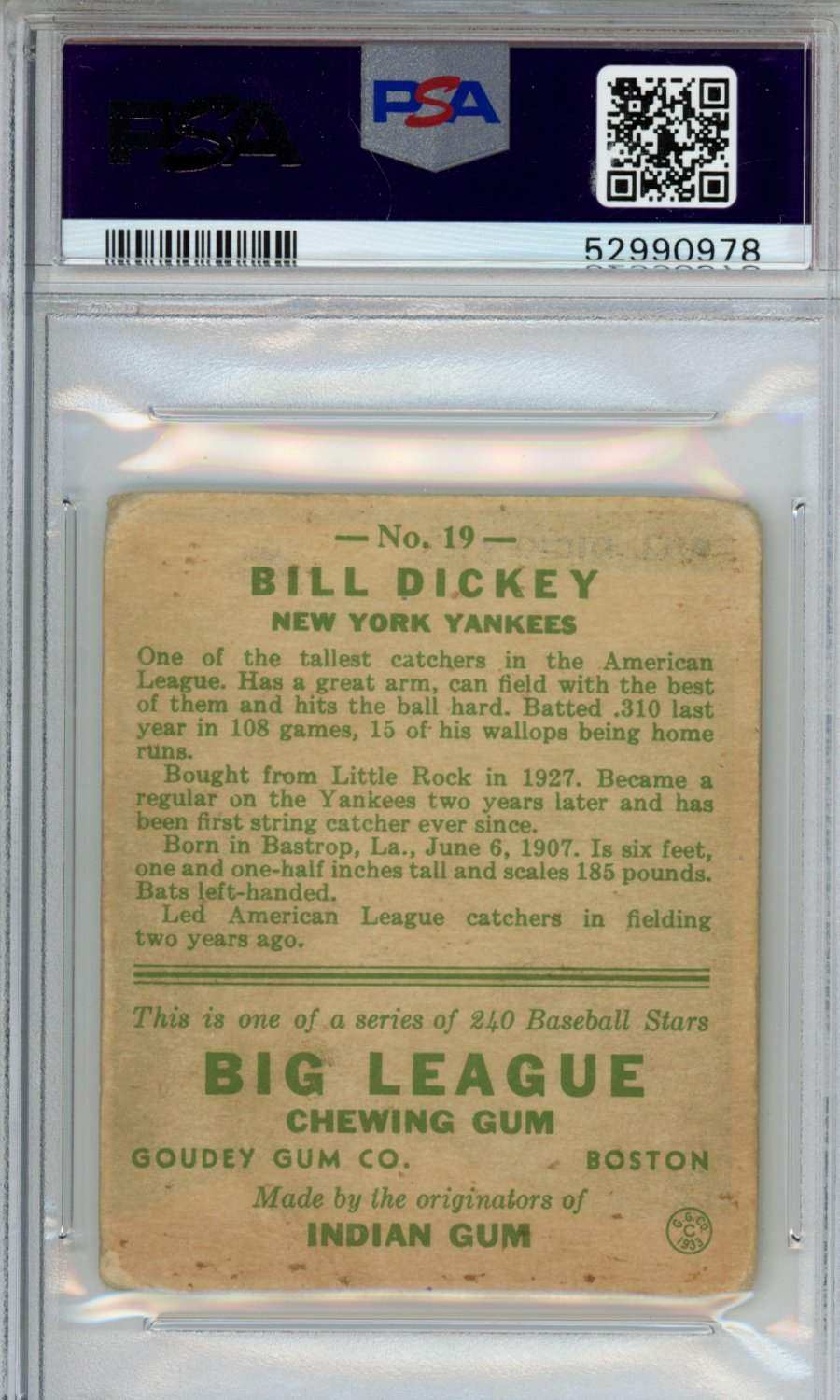 1933 Goudey Bill Dickey #19 PSA 1.5