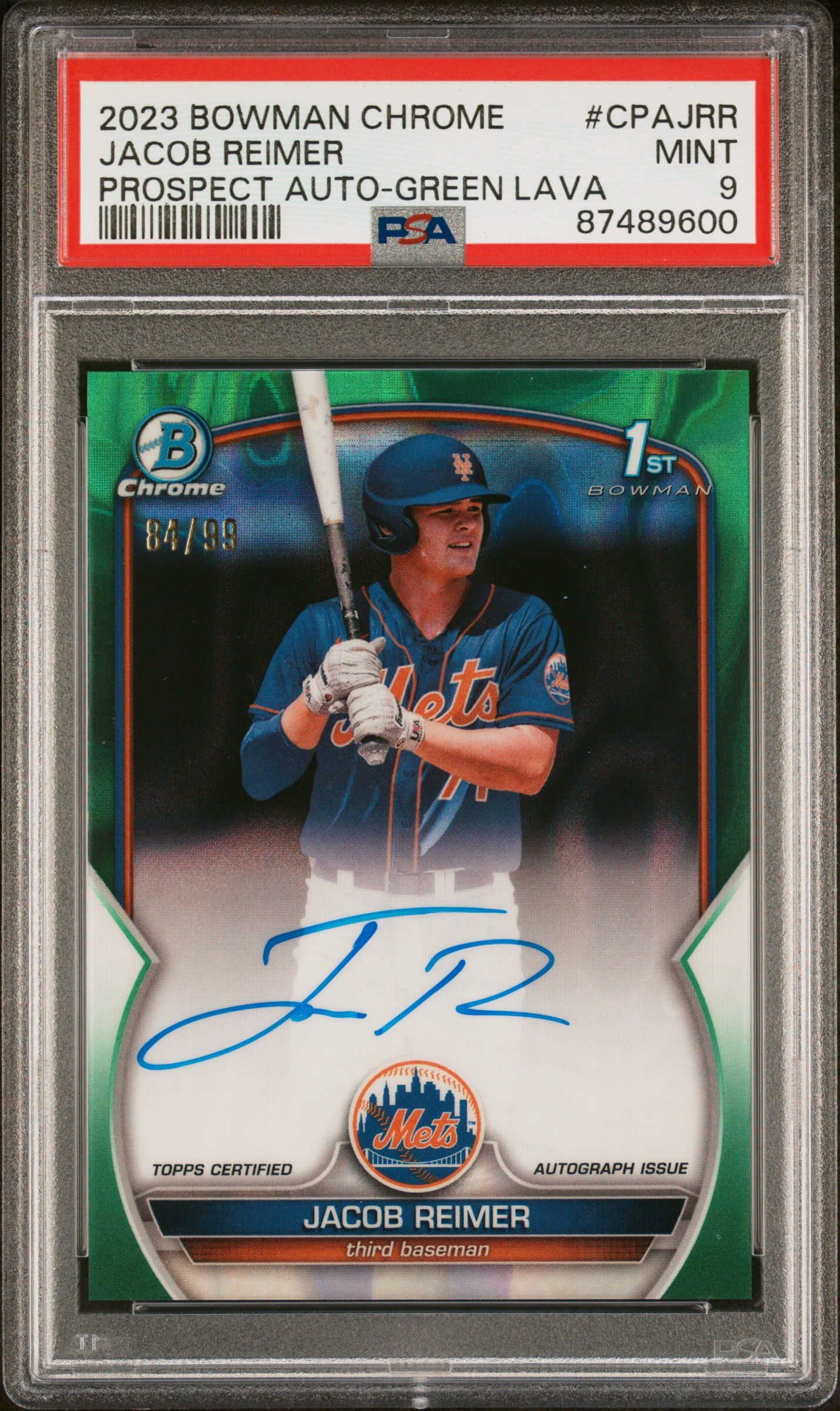 2023 Bowman Chrome Prospect Autographs Jacob Reimer #CPAJRR Green Lava PSA 9