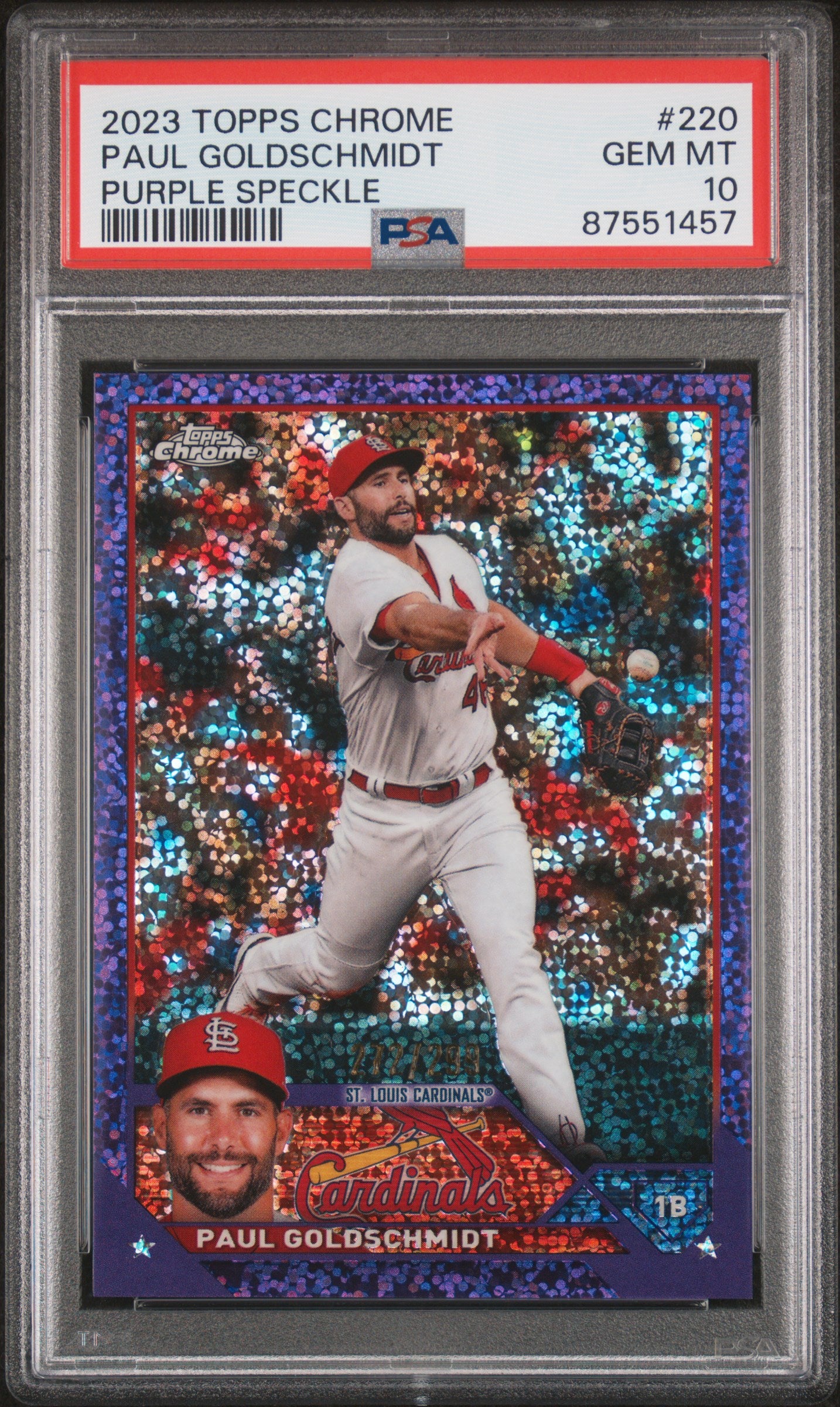 2023 Topps Chrome Paul Goldschmidt #220 Purple Speckle Refractor PSA 10