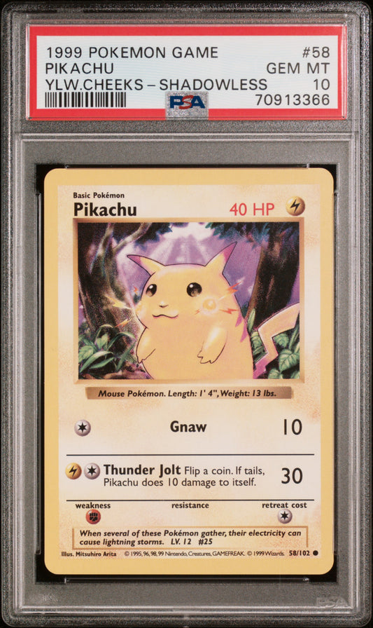 PokéMon TCG Pikachu #58 Ylw.Cheeks-Shadowless PSA 10