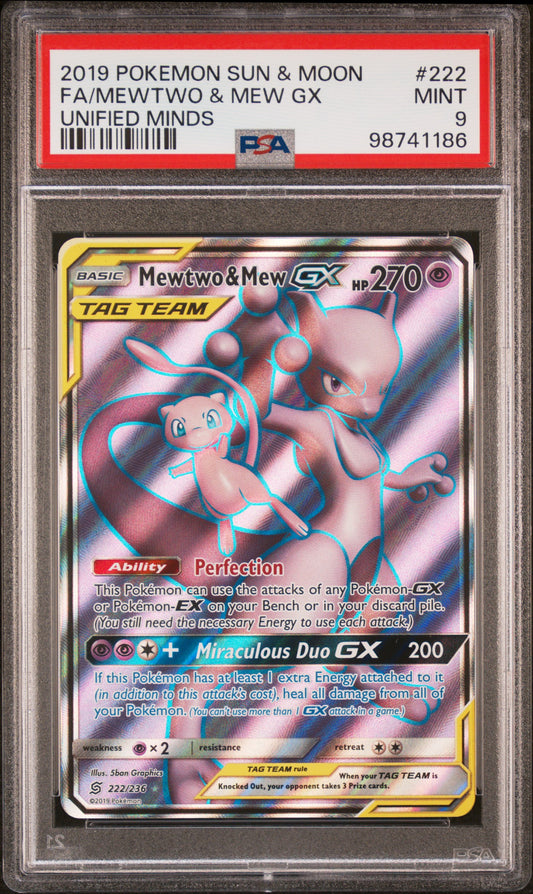 PokéMon TCG Mewtwo & Mew GX Fa #222 Mongolian Unified Minds PSA 9