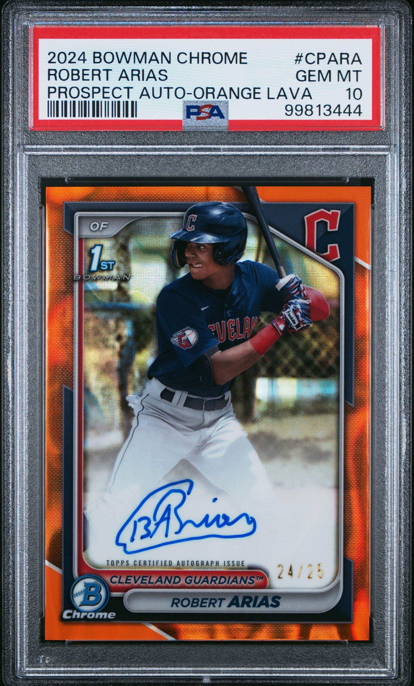 2024 Bowman Chrome Prospect Autographs Robert Arias #CPARA Orange Lava PSA 10