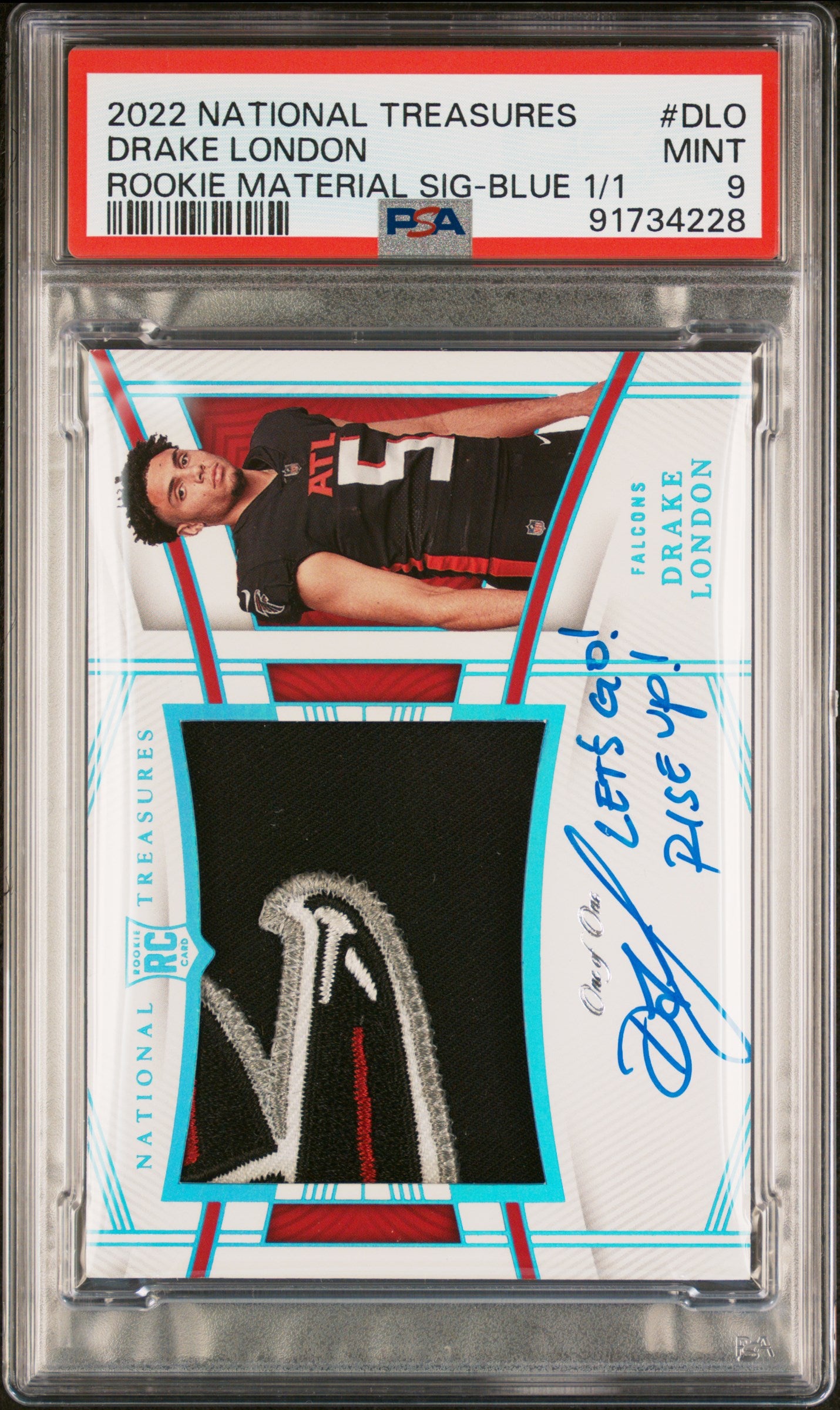 2022 Panini National Treasures Rookie Material Signature Drake London #DLO Blue 1 1 PSA 9