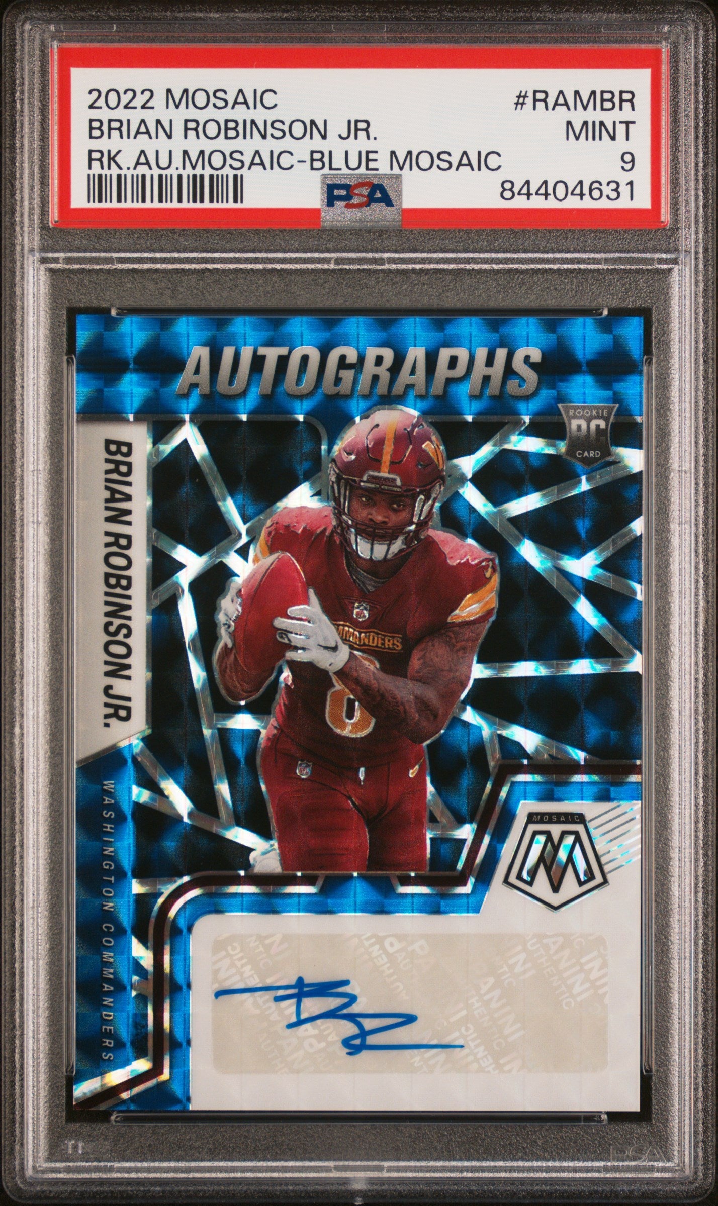 2022 Panini Mosaic Rookie Autograph Mosaic Brian Robinson JR. #RAMBR RK. Au. Mosaic Blue PSA 9