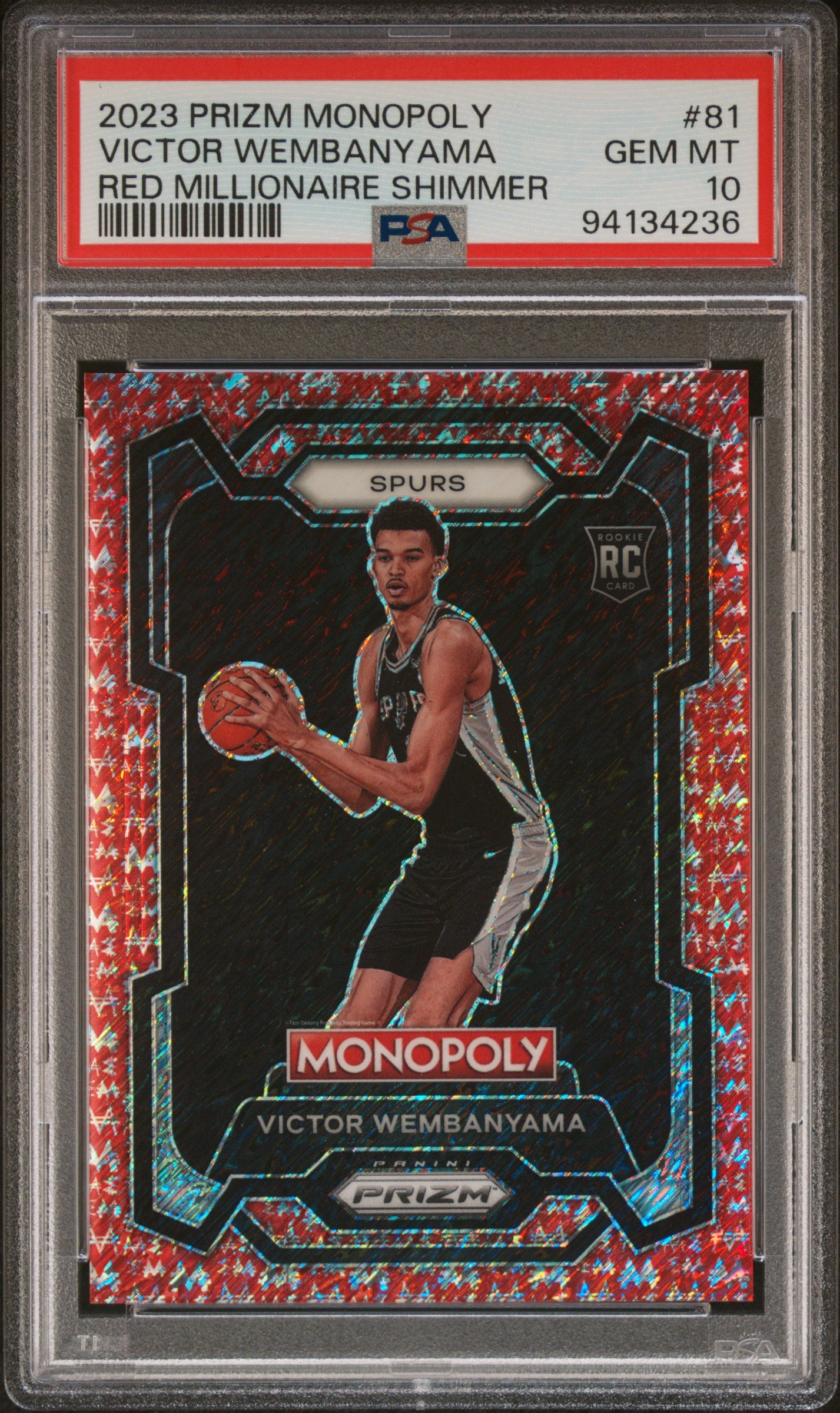 2023 Panini Prizm Monopoly Victor Wembanyama #81 Red Millionaire Shimmer PSA 10