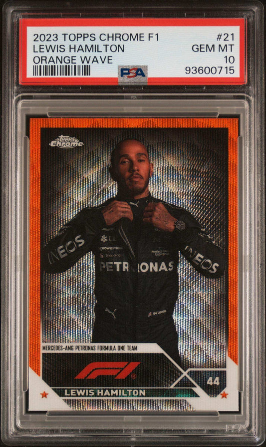 2023 Topps Chrome Formula 1 Lewis Hamilton #21 Orange Wave PSA 10