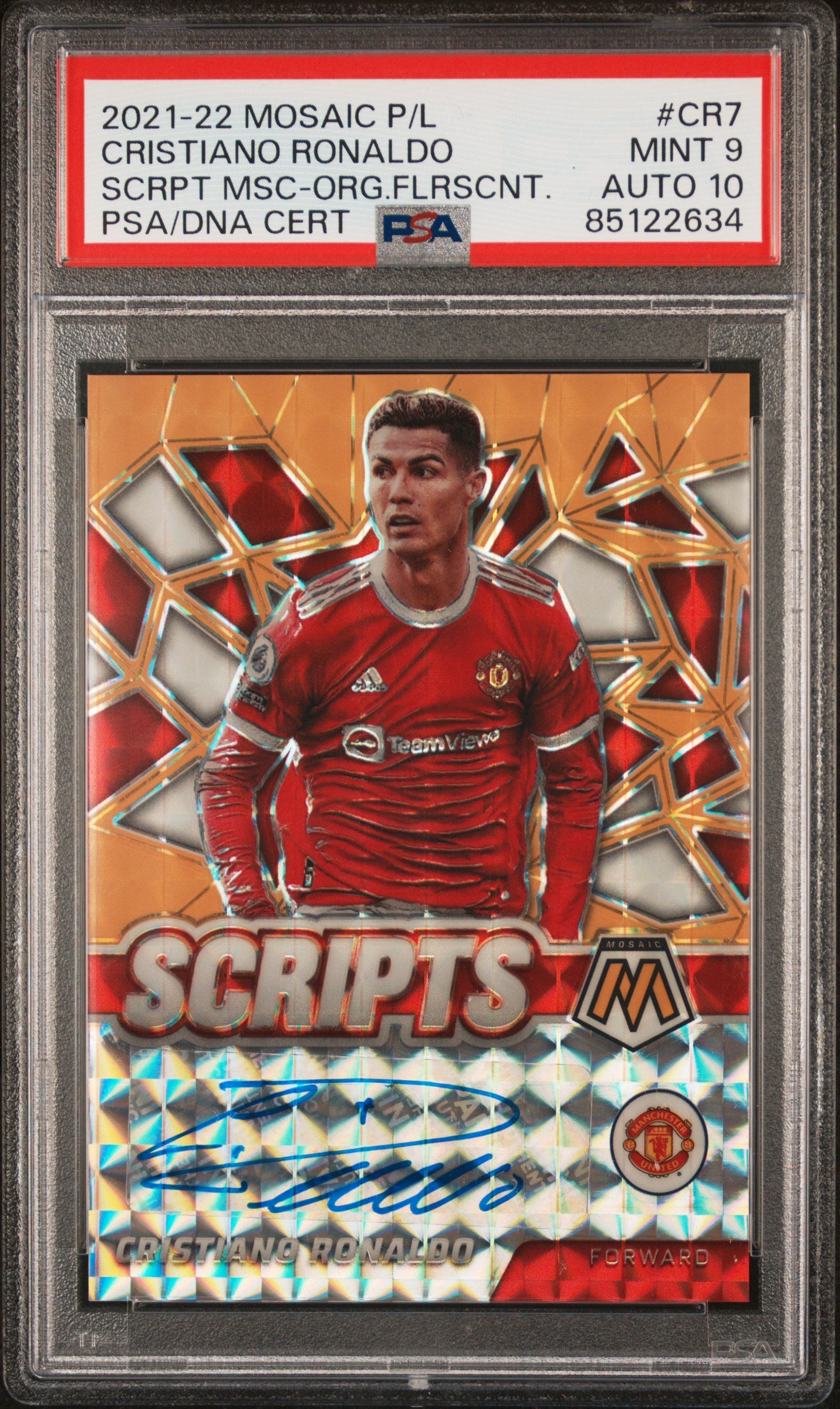 2021-2022 Panini Mosaic Premier League Scripts Mosaic Cristiano Ronaldo #CR7 Scrpt MSC Org. Flrscnt. PSA 9 Auto 10