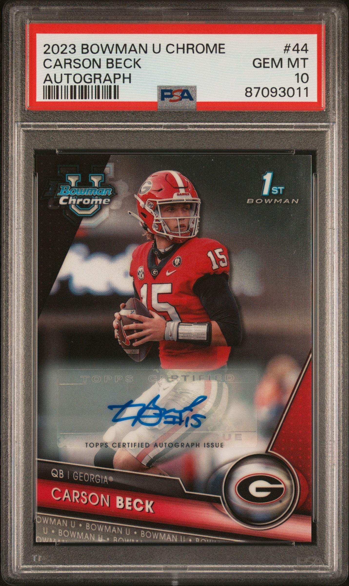 2023 Bowman University Chrome Carson Beck #44 Autograph PSA 10