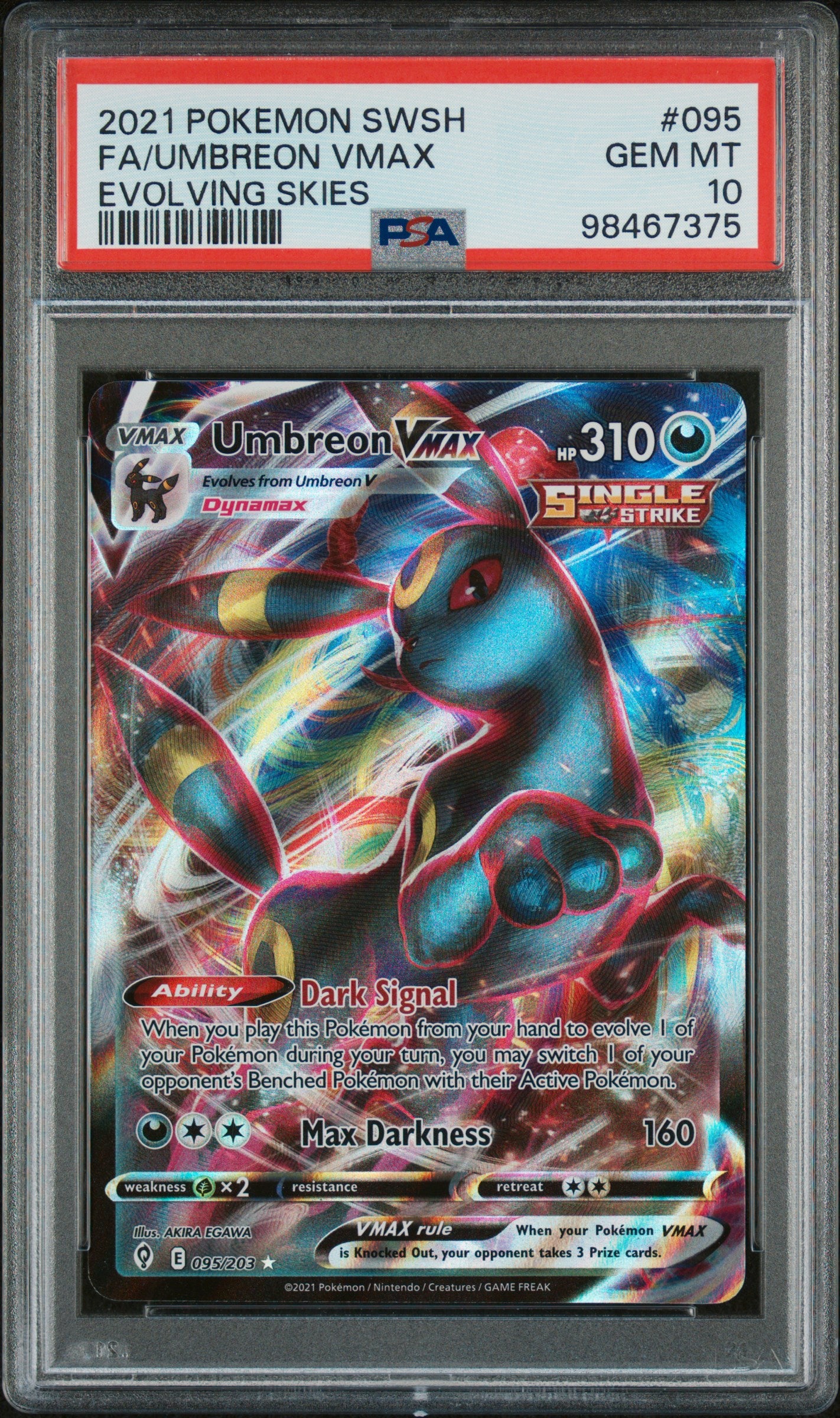 PokéMon TCG Umbreon Vmax Fa #095 Evolving Skies PSA 10