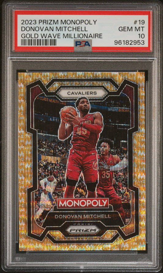 2023 Panini Prizm Monopoly Donovan Mitchell #19 Gold Wave Millionaire PSA 10