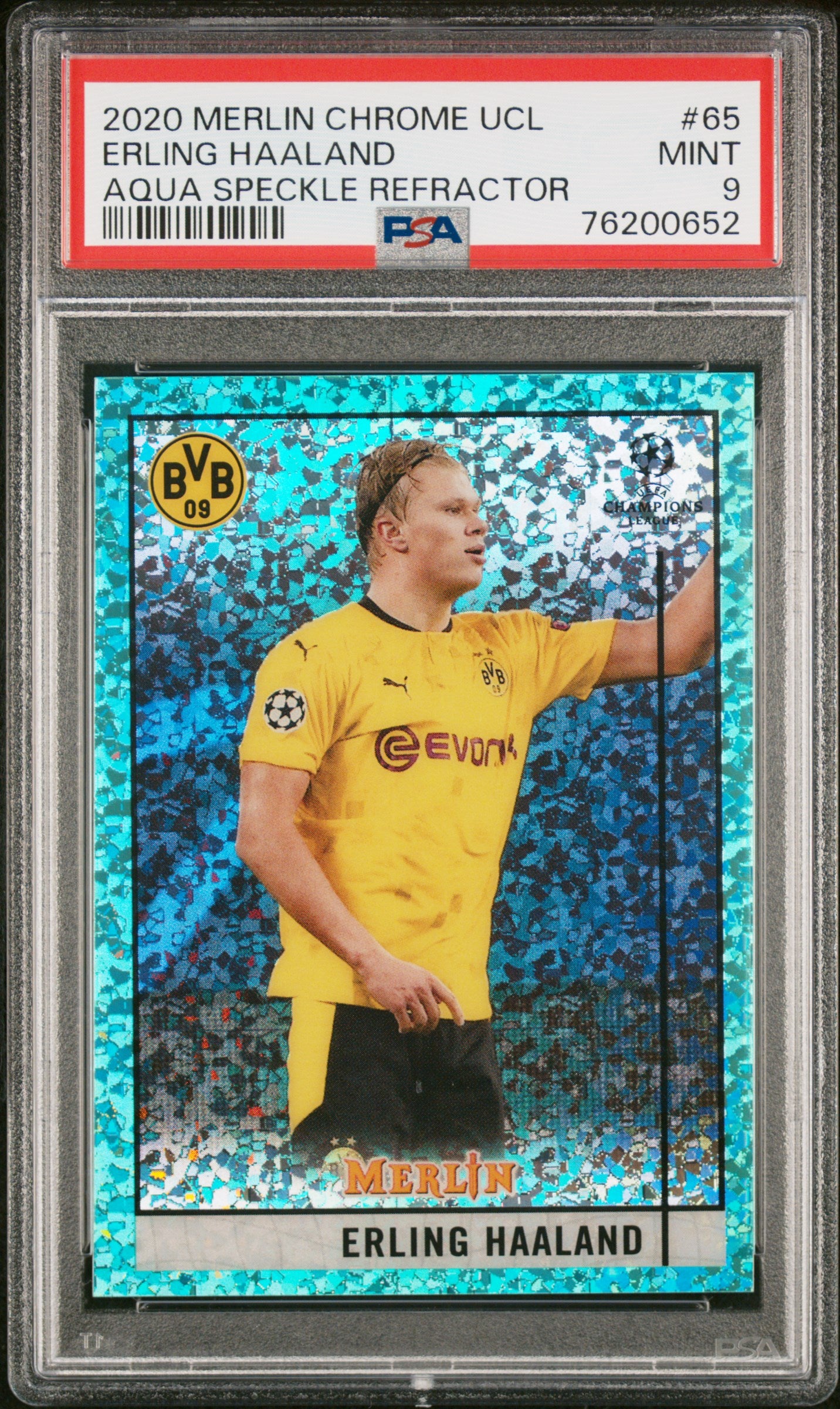 2020 Topps Merlin Chrome UEFA Champions League Erling Haaland #65 Aqua Speckle Refractor PSA 9