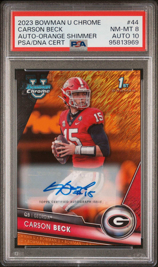 2023 Bowman University Chrome Carson Beck #44 Auto Orange Shimmer PSA 8 Auto 10