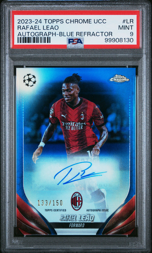 2023-24 Topps Chrome UEFA Club Competitions Chrome Autographs Rafael Leao #LR Blue Refractor PSA 9