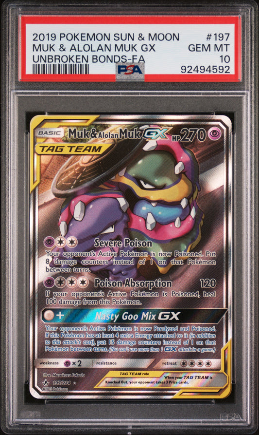 PokéMon TCG Muk & Alolan Muk GX #197 Unbroken Bonds-Fa PSA 10