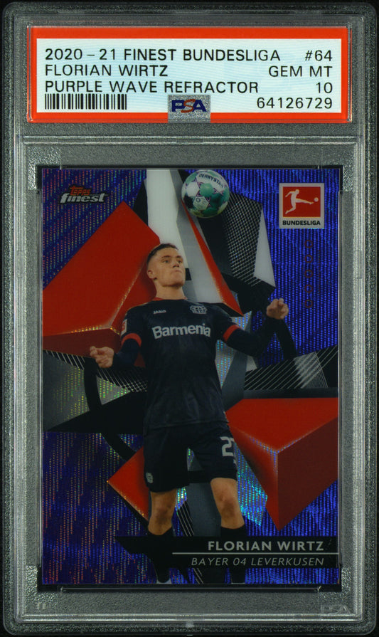 2020 Topps Finest Bundesliga Florian Wirtz #64 Purple Wave Refractor PSA 10