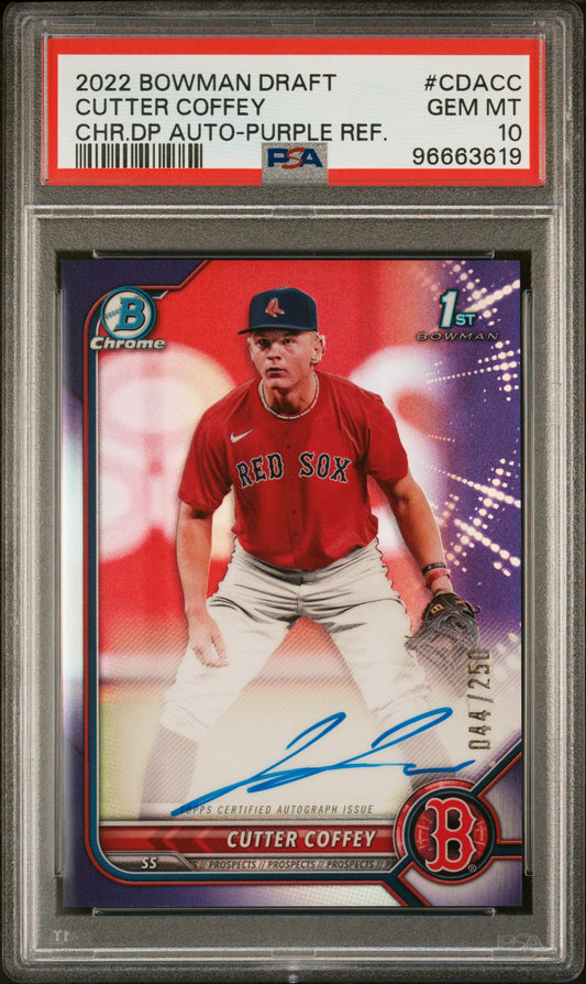 2022 Bowman Draft Chrome Draft Pick Autographs Cutter Coffey #CDACC CHR. DP Auto Purple Refractor PSA