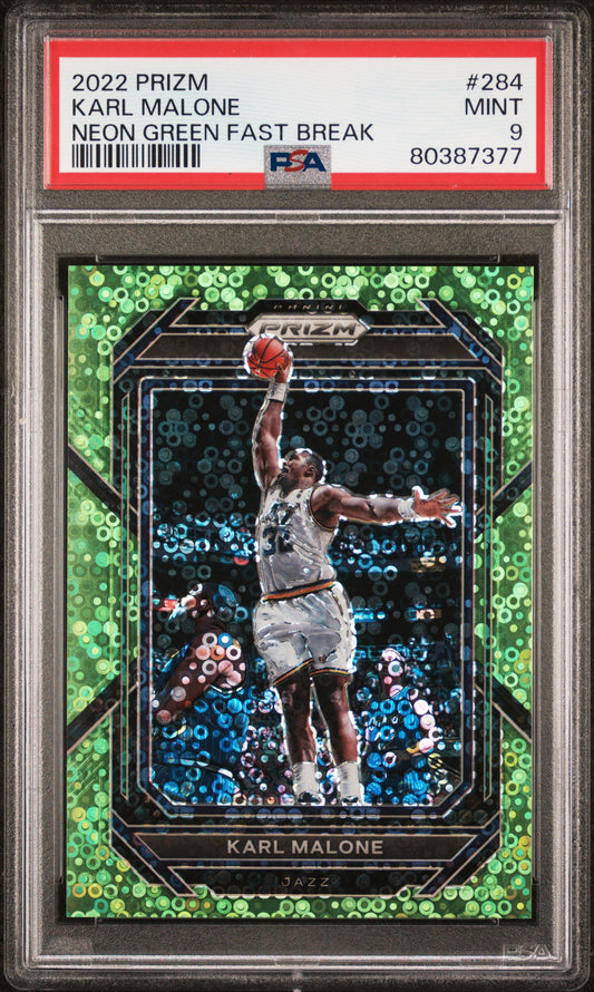 2022 Panini Prizm Karl Malone #284 Neon Green Fast Break PSA 9