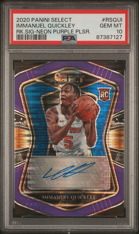 2020 Panini Select Rookie Signatures Immanuel Quickley #RSQUI RK. SIG Neon Purple Plsr. PSA 10