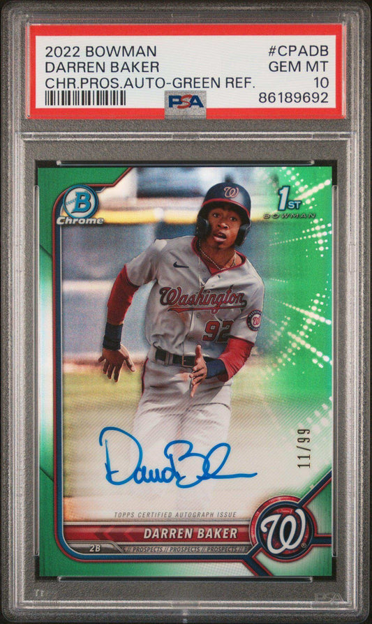 2022 Bowman Chrome Prospect Autographs Darren Baker #CPADB CHR. Pros. Auto Green Refractor PSA 10