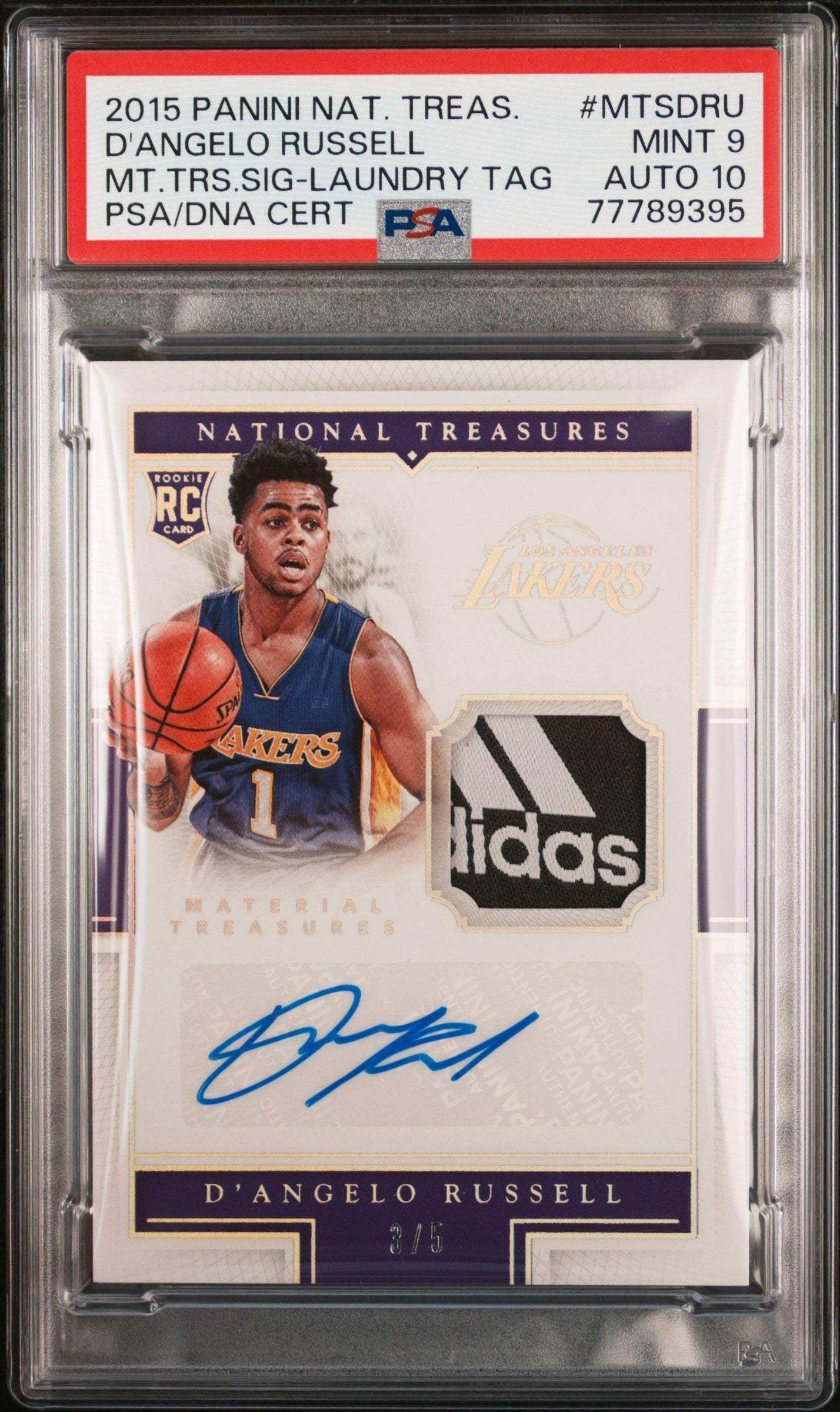 2015 Panini National Treasures Material Treasures Signatures D'angelo Russell #MTSDRU MT. TRS. SIG Laundry TAG PSA 9 Auto 10