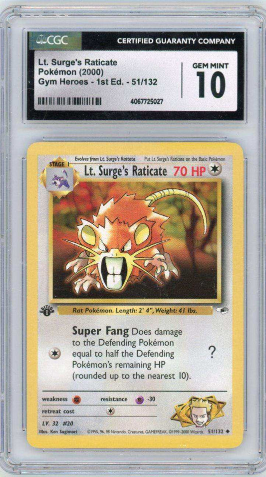 Gym Heroes - 1st Edition Lt. Surge's Raticate #51/132 Cgc 10