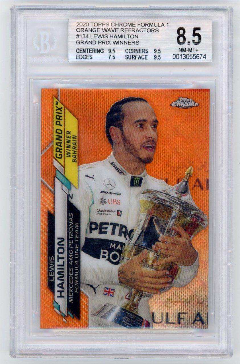 2020 Topps Chrome Formula 1 Grand Prix Winners 134 Lewis Hamilton Orange Wave Refractor Bgs 8.5