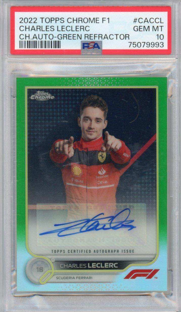 2022 TOPPS CHROME FORMULA 1 CHROME AUTOGRAPHS CHARLES LECLERC CHR.AUTO-GREEN REFRACTOR #CACCL PSA GEM MT 10