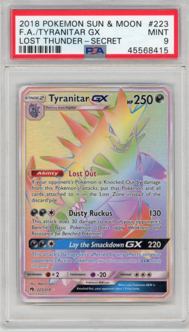 2018 POKEMON SUN & MOON LOST THUNDER FA/TYRANITAR GX LOST THUNDER-SECRET #223 PSA MINT 9