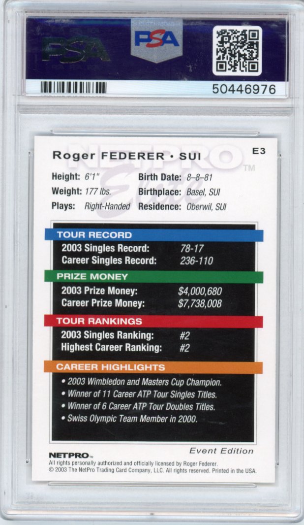 2003 Netpro Elite Event Edition-white Shirt E3 Roger Federer Psa 10