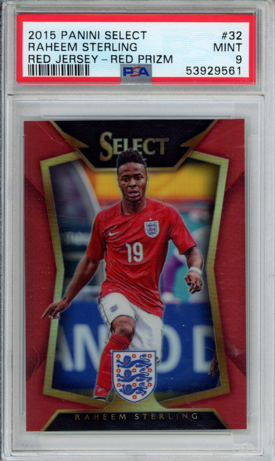 2015 PANINI SELECT RAHEEM STERLING RED JERSEY-RED PRIZM #32 PSA MINT 9