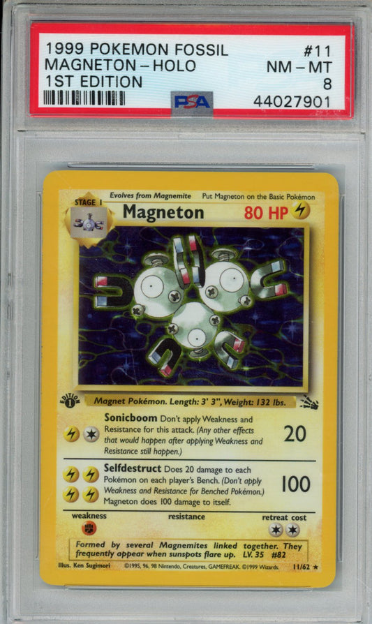 1999 POKEMON FOSSIL MAGNETON-HOLO 1ST EDITION #11 PSA NM-MT 8